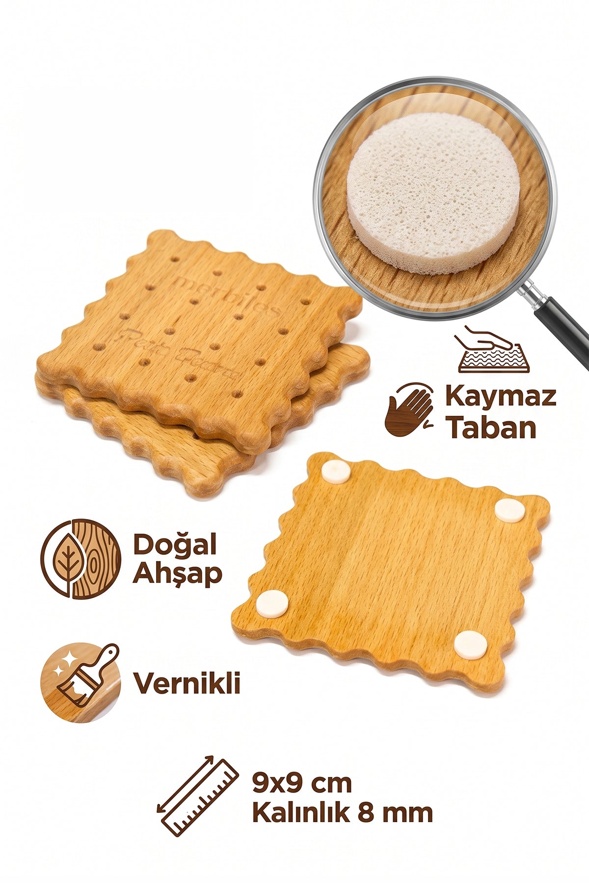 Nostaljik Petit Beurre Bisküvi Tasarımlı Ahşap Bardak Altlığı Kaymaz Tabanlı Vernikli Ahşap Sunum Supla Masa Koruyucu Hediyelik