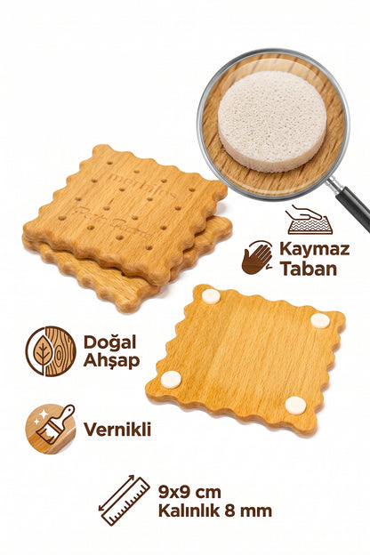 Nostaljik Petit Beurre Bisküvi Tasarımlı Ahşap Bardak Altlığı Kaymaz Tabanlı Vernikli Ahşap Sunum Supla Masa Koruyucu Hediyelik
